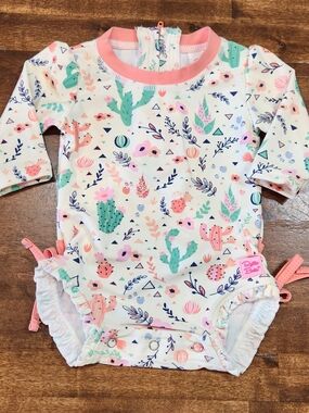 Ruffle Butts Pink Mint Cactus Floral Long Sleeve Swimsuit